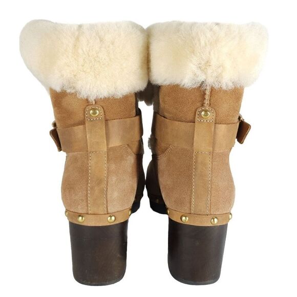 UGG Women's Brea US 9 Suede Chestnut Studded Fur Shearling Clog Boots - Picture 11 of 13